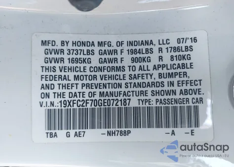2016 Honda Civic Ex из США, поврежденный, VIN 19XFC2F70GE072187